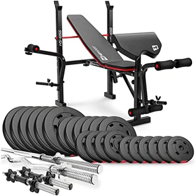 Afbeelding van Hop Sport Verstelbare Fitnessbank HS 1055 met Curlpult, Vlinder en Beencurler incl. 38 kg 129,5 Halterset naar Keuze Lange Curlstang (122kg Lang, Kort &amp; SZ Curlhalter)