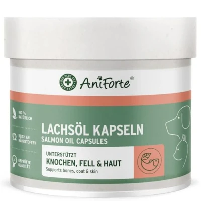 Afbeelding van AniForte Omega 3 zalmoliecapsules voor honden &amp; katten 500 stuks puur natuur, optimaliseert de stofwisseling, waardevol botvorming, constitutie, glanzende vacht, optimaal verstandig supplement