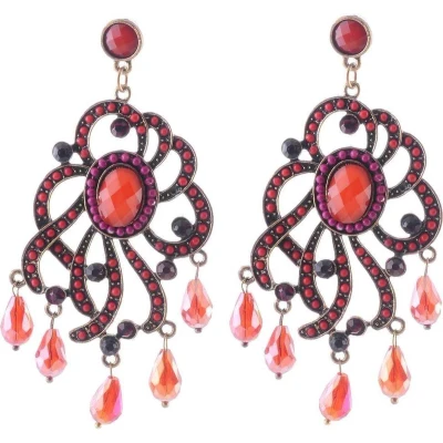 Afbeelding van Behave Oorstekers, oorhangers rood in vintage design met steentjes