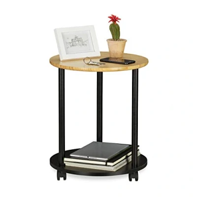 Afbeelding van Relaxdays bijzettafel rond, met wieltjes, verrijdbaar, modern design, bamboe, tafeltje, HxD: 49x40 cm, zwart/naturel