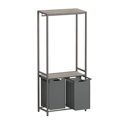 Afbeelding van VASAGLE Wasmand, 2 delige wasmand met planken, uittrekbare en uitneembare voeringen, kledingstang, x 46 l, 73 33 177 cm, heide greige leigrijs, BLH231G02