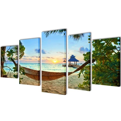 Afbeelding van Canvas muurdruk set zandstrand met hangmat 200 x 100 cm
