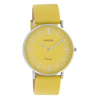 Afbeelding van Oozoo Vintage plat dameshorloge met leren band en glanzende elementen in de 40 mm wijzerplaat., C20128 geel/geel, Riem