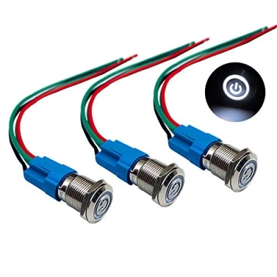 Afbeelding van QitinDasen 3 stuks premium 12 V/24 V A drukknopschakelaar, zelfblokkerend, mm, witte led schakelaar, IP66, met stroomdraad