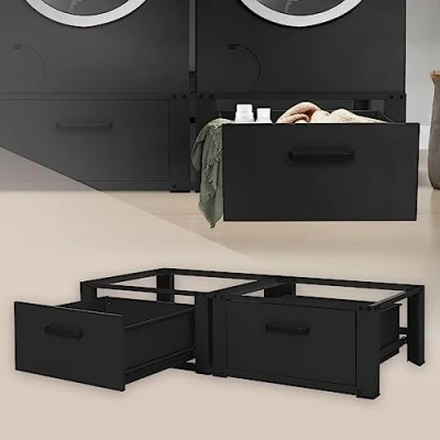 Afbeelding van Set van 2 Wasmachine Onderbouw met Uittrekbare Laden Zwart Staal ML Design