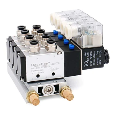 Afbeelding van Heschen Elektrische Pneumatische 4 Magneetventiel 4V210 08 DC 24V PT1/4 5 Manier 2 Positie Spruitstuk Base Demper Quick Fittings Set