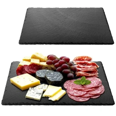 Afbeelding van Navaris 2x serveerplateau van natuurlijk leisteen 38 x 28 cm Borrelplank met beschermende anti kraslaag Als kaasplank vleesplank of tapasplank