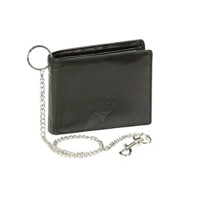 Afbeelding van LEAS Bikertas Bikerportemonnee in liggend formaat RFID bescherming met chroom ketting biker echt leer, zwart, 13x9,5cm,