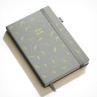 Afbeelding van DeDe Bee Agenda 2025 2026, weekplanner, agenda, boekkalender, A5, gebonden uitgave, dagboek, meertalig, 1 week 2 pagina&#039;s, juli december grijs