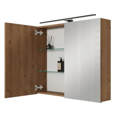 Afbeelding van Planetmöbel ARIA spiegelkast voor badkamer met verlichting, 80 cm breed, hangende badkamerkast spiegel, goudkleurig eiken, lamp en stopcontact, gastentoilet, x 70 16