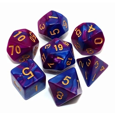 Afbeelding van CREEBUY 7 stuks blauw paars DND dobbelstenen set RPG polyhedral voor kerkers en draken MTG D&amp;D D20 D12 D10 D8 D6 D4