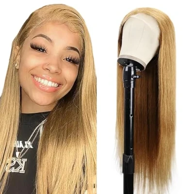 Afbeelding van Tuheerst Blonde Human Hair Wig Straight 4X4 Lace Real Glueless Wear and Go Unprocessed Remy Pre Bleached Knots Plucked with Baby for Woman 20 Inch