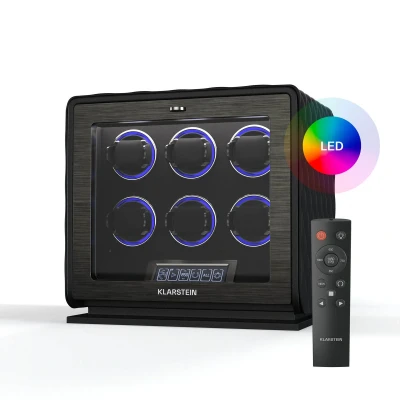 Afbeelding van Klarstein Luminoustime Watch Winder voor 6 Horloges Automatische Watchwinder met fluisterstille Japanse motor LCD Touch panel &amp; Afstandsbediening Rgb LED Verlichting 20 Tpd Instellingen Vegan leer Zwart