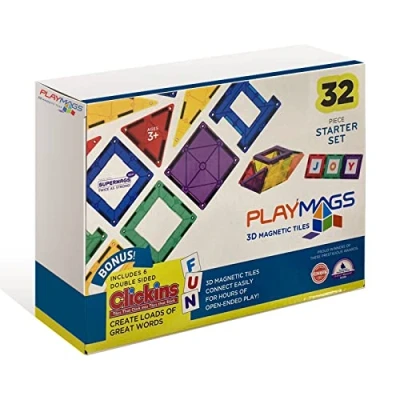 Afbeelding van Playmags 32 delige kleurrijke tegel set, unieke bekroonde magnetische bouwtegels voor kinderen, creativiteit en educatief gebouw speelgoed stam goedgekeurd (32 pc)