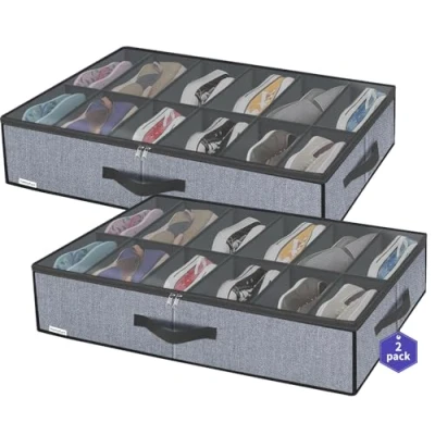Afbeelding van homyfort XDUBSB2P Onderbed commode voor schoenen met doorzichtig deksel, sterke opbergkist schoenenopslag 14 vakken, visgraatpatroon, grijs, 2 stuks