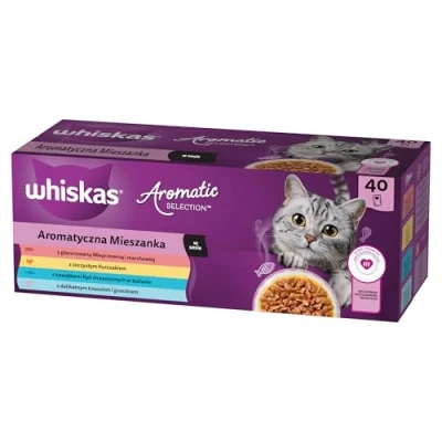 Afbeelding van WHISKAS Aromatic Selection Multipack nat kattenvoer 1+, 40x85g 4 smaken: varken, kip, zalm, zeevis in saus