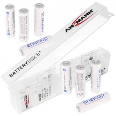 Afbeelding van 8x Sanyo Eneloop Mignon AA batterijen in een praktische opbergdoos
