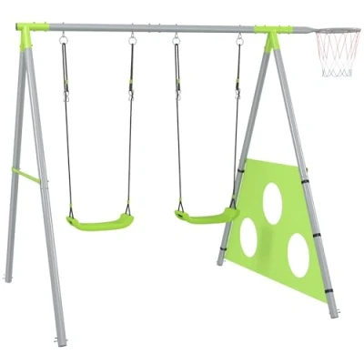 Afbeelding van AIYAPLAY 3 in 1 Schaukelgestell Outdoor Schaukelgerüst mit Schaukel, Basketballkorb, Fußballtor, Kinderschaukel Metallgestell, Gartenschaukel für Kinder