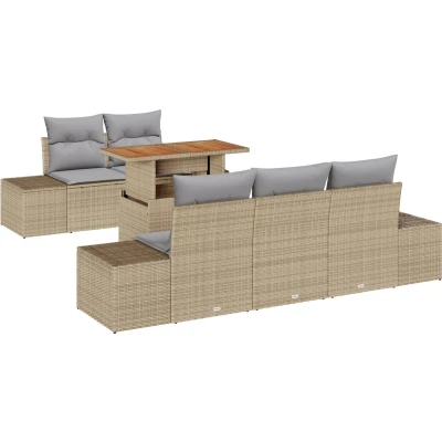 Afbeelding van vidaXL 6 delige Tuin Eetset met Kussens Beige Poly Rattan Acacia