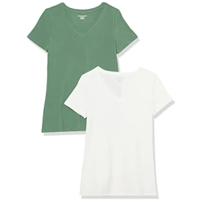 Afbeelding van Amazon Essentials Women&#039;s T shirt met korte mouwen en V hals in klassieke pasvorm, Pack of 2, Saliegroen/Wit, S