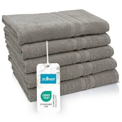 Afbeelding van ZOLLNER Set van 5 badhanddoeken 70 x 140 cm, wollige katoen, met moderne strepenrand, wasbaar tot 60 C, praktische ophanglus, in Fango, hotelkwaliteit