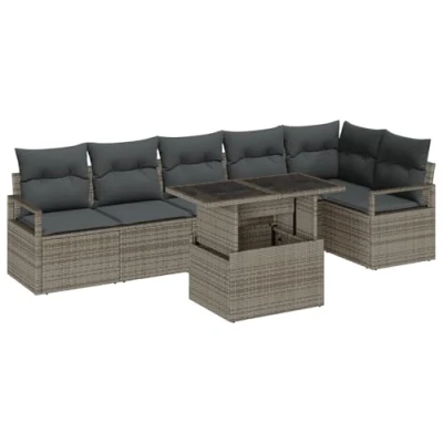 Afbeelding van vidaXL 7 delige tuinsofa set met kussens Grijs Poly Rattan, 2 persoons opslag &amp; Rattan