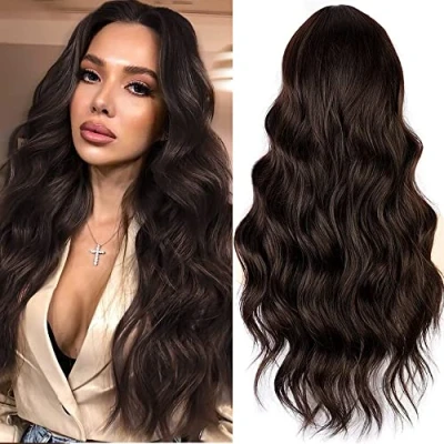 Afbeelding van PORSMEER pruik voor dames, donkerbruin, lang, krullend, golvend, natuurlijk synthetisch haar, vrouwen/meisjes, geschikt dagelijks gebruik, cosplay, kostuum, carnaval, party