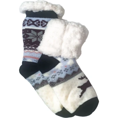 Afbeelding van Merino Wollen sokken Zwart Paars met Sneeuwvlok?Rendier maat 39/42 Huissokken Antislip Warme Winter