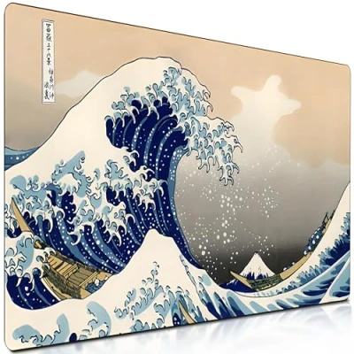 Afbeelding van RETOO Canagawa Gaming muismat, groot, 90 x 40 cm, antislip, bureauonderlegger met motief, bureauonderlegger, groot formaat, verbeterde precisie, snelheid, XXL oppervlak, Japanse golf