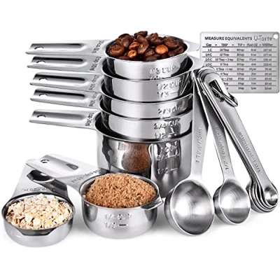 Afbeelding van U Taste 18/8 Roestvrijstalen Maatbekers en lepels Set van 15, 7 bekers met breed handvat TSP/TBSP 2 D ringen 1 magnetische meetconversietabel (Zilver)