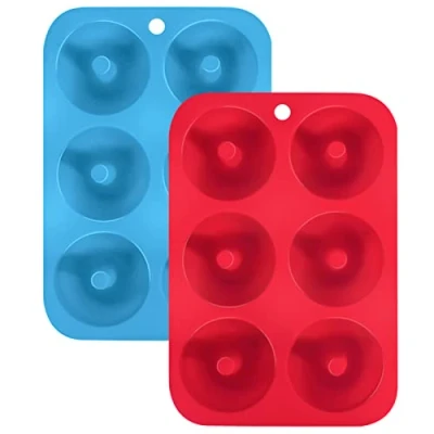 Afbeelding van SHARON COOPER 2 stuks, 6 bakvormen, anti aanbaklaag, veilige siliconen donut bakvorm voor cake, koekjes, bagels, muffins, blauw, rood Moldes de silicona para hacer donuts,