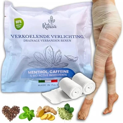 Afbeelding van DRAINERENDE BEENVERBANDEN van Ritalia® 2 verbanden met KOELEFFECT, verkwikkende en ontspannende werking 100% natuurlijke extracten. ANTI CELLULITIS, VERSTEVIGEND Verband