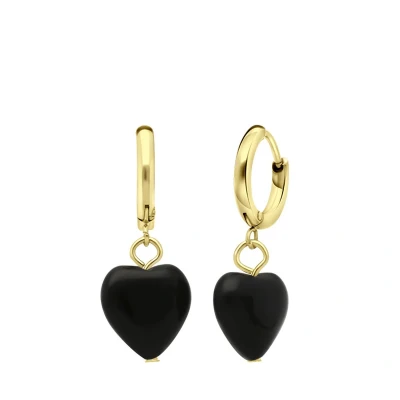 Afbeelding van Lucardi Dames Goldplated Oorbellen met hart obsidiaan Cadeau Staal Goudkleurig