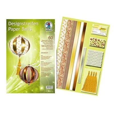 Afbeelding van Ursus 23370099 Designstrepen Paper Balls Ouverture, materiaal voor maximaal 6 papieren ballen, diameter ca. 10 cm, 60 strepen met accessoires, ideaal het knutselen van individuele kerstballen