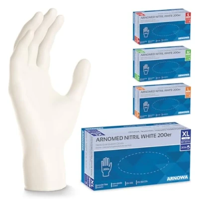 Afbeelding van ARNOMED wegwerphandschoenen wit, XL, nitril handschoenen met 200 stuks per doos, poedervrij, latexvrije rubber handschoenen, verkrijgbaar in S, M, L &amp; XL