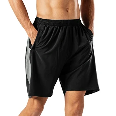 Afbeelding van HMIYA Sportshorts voor heren, sneldrogend, korte broek met zak ritssluiting, zwart grijs, S