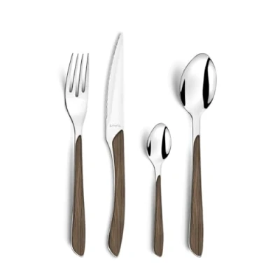 Afbeelding van Amefa ECLAT bestekset naturel donker hout, 24 delig voor 6 personen, roestvrij staal, kunststof, handgrepen in houtlook, vaatwasmachinebestendig, personen