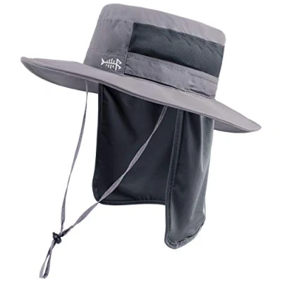 Afbeelding van BASSDASH Zonnehoed, vissershoed, emmerhoed, UPF 50+ uv bescherming, waterdichte tactische vishoed met brede rand, instelbare maat, afneembare halsklep, voor heren en dames, lichtgrijs, Eén maat