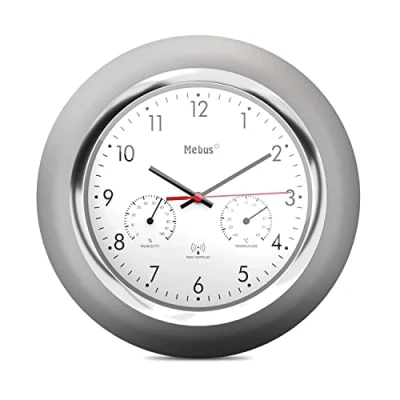 Afbeelding van MEBUS Funk Wanduhr mit Thermometer und Hygrometer/silberner Rahmen/weißes Zifferblatt / 24cm Durchmesser/Rund/Modell: 19454 Farbe: Silber, Weiß