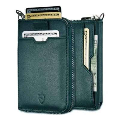 Afbeelding van Vaultskin NOTTING HILL RFID Slim Leren Rits Portemonnee en Kaartenhouder voor Heren Premium Bifold met Snelle Toegang Strap (Alpengroen)