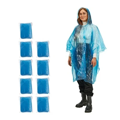 Afbeelding van Relaxdays Regenponcho, wegwerp, set van 10, regencape met capuchon, voor volwassenen, noodponcho dames en heren, blauw, eenheidsmaat