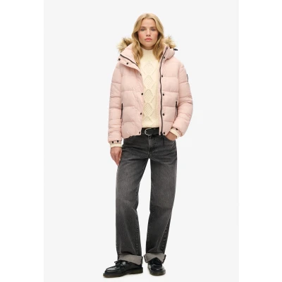 Afbeelding van Superdry Vrouwen Kort Pufferjack met Capuchon Imitatiebont Roze Grootte: 42