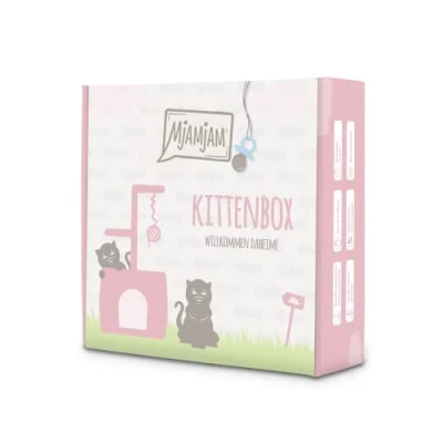 Afbeelding van MjAMjAM Premium natvoer voor katten Kitten Box 3x Kip met zalmolie &amp; Kalf zalmolie, Voedselzak, Pen, Blikdeksel, 6 pack (6 x 200 g)