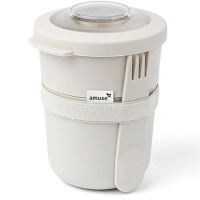 Afbeelding van Amuse Tylla Duo Oat Lunchbowl Lunchbox met Spork en Rekker Transparant Tritan Deksel Voor onderweg Lekvrij Lichtgrijs 150 + 450 ml