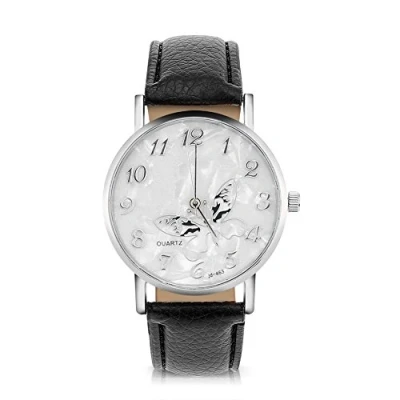 Afbeelding van Vrouwen Quartz Horloge Analoge Ronde Horloges PU Lederen Armband Mode Eenvoudige Vlinder Ontwerp Polshorloge, zwart., riem
