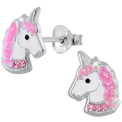 Afbeelding van JoyS Zilveren eenhoorn oorbellen unicorn oorknoppen roze kristal