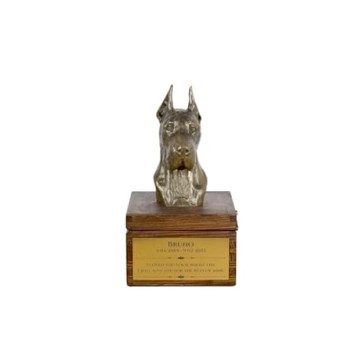 Afbeelding van Art dog handgemaakte aangepaste hondenherdenkingsurn koudgegoten bronzen hondenkop op berkenbasis langdurige hondencrematiedoos 16x28x16cm Deense