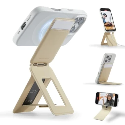Afbeelding van MOFT kaarthouder &amp; mobiele telefoon statief, portemonnee met hoekinstelling sterke magneten, mini selfiestick statief voor iPhone 16/15/14/13/12 serie, smartphone (aardebeige)