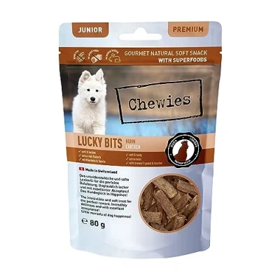 Afbeelding van Chewies Lucky Bits Kip Junior hondensnacks voor puppy&#039;s, graanvrij en zacht, met veel eiwitten superfoods zoals biergist of ginkgo, zonder suiker (80 g)