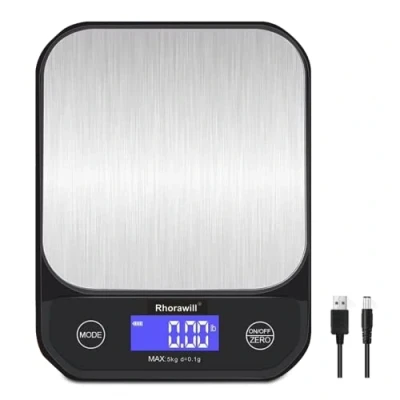 Afbeelding van Rhorawill Koffieweegschaal, digitale keukenweegschaal, USB opladen, 5 kg/0,1 g, zeer nauwkeurige koffieschaal, weegschaal, levensmiddelweegschaal met roestvrijstalen weegoppervlak,